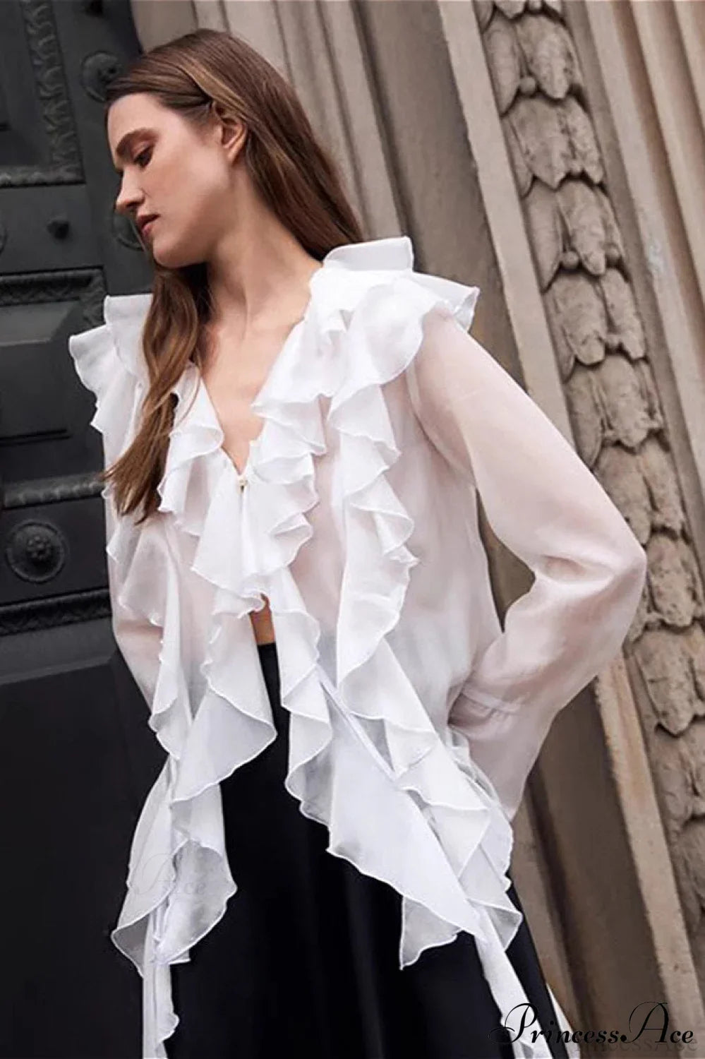 Tencel Ruffled V Neck Flared Sleeve Blouse