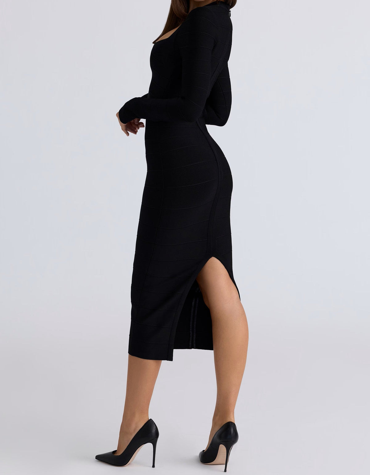 Sweetheart Plunge Long Sleeve Criss Cross Bandage Midi Dress