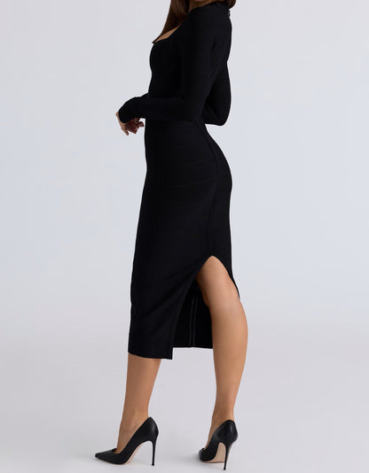 Sweetheart Plunge Long Sleeve Criss Cross Bandage Midi Dress