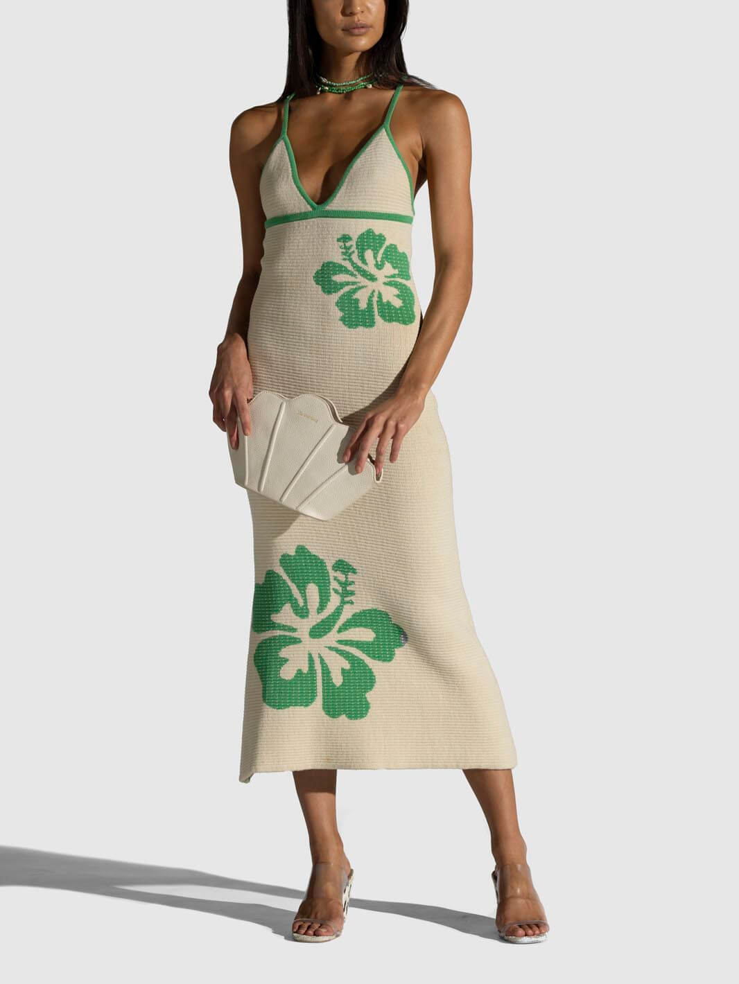 Rib Knit Shell Print Deep V Spaghetti Strap Midi Dress