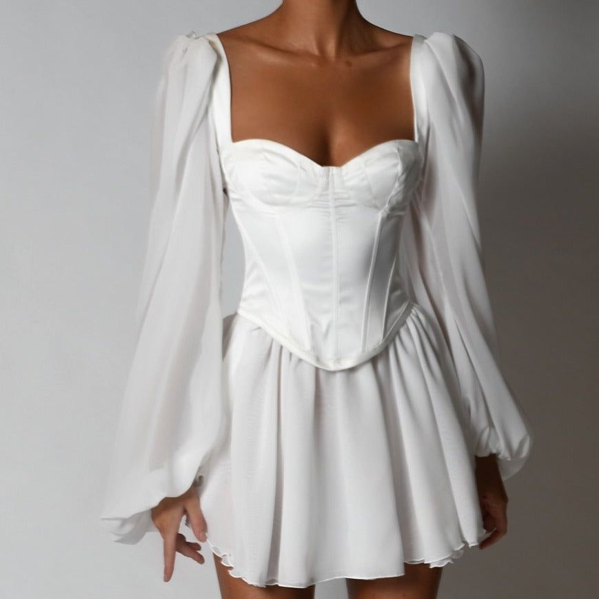 Sweetheart Puff Sleeve Corset Bodice Satin Mini Dress