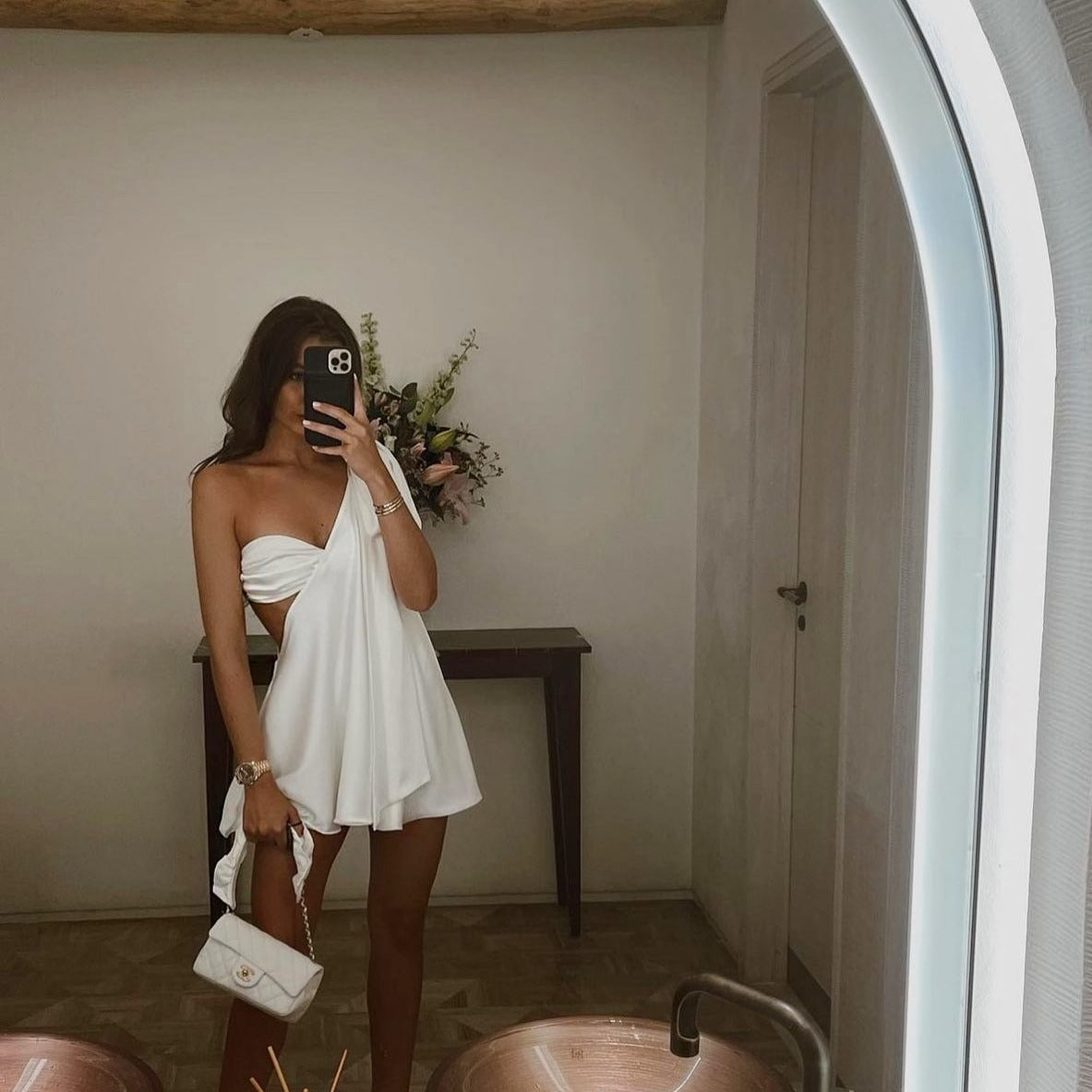 One Shoulder Knotted Bodice Diagonal Drape Cutout Sheer Stripe Mini Dress