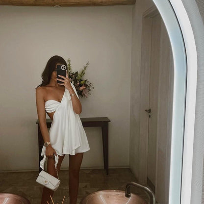 One Shoulder Knotted Bodice Diagonal Drape Cutout Sheer Stripe Mini Dress