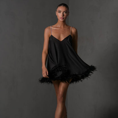 Sweetheart Chain Strap Feather Trim Mini Dress