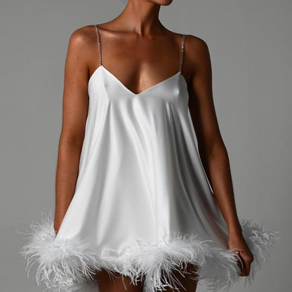 Sweetheart Chain Strap Feather Trim Mini Dress