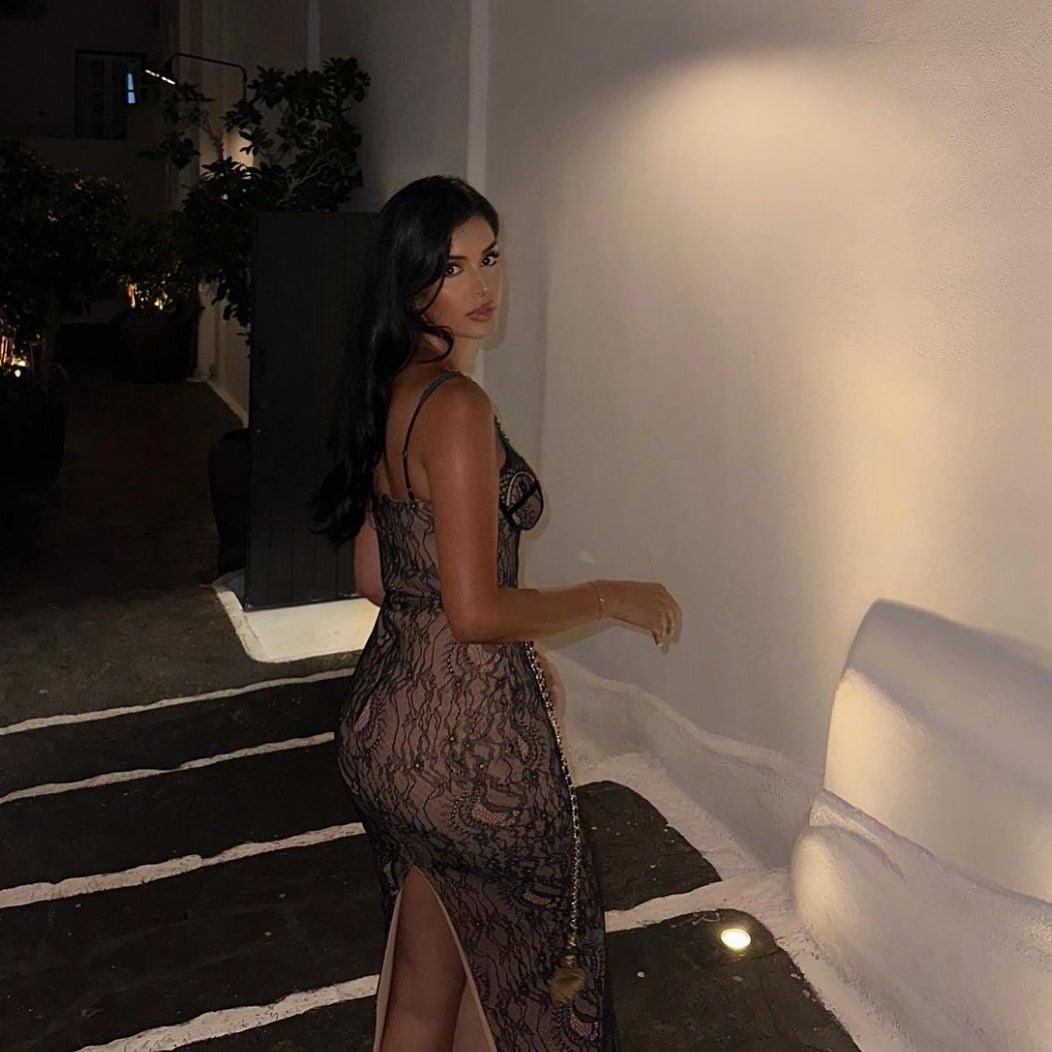 Sweetheart Neck Spaghetti Strap Lace Corset Chain Belt Maxi Dress
