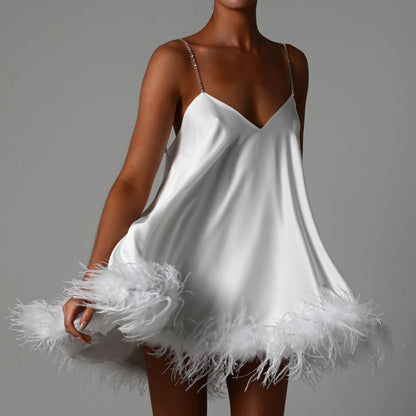 Sweetheart Chain Strap Feather Trim Mini Dress