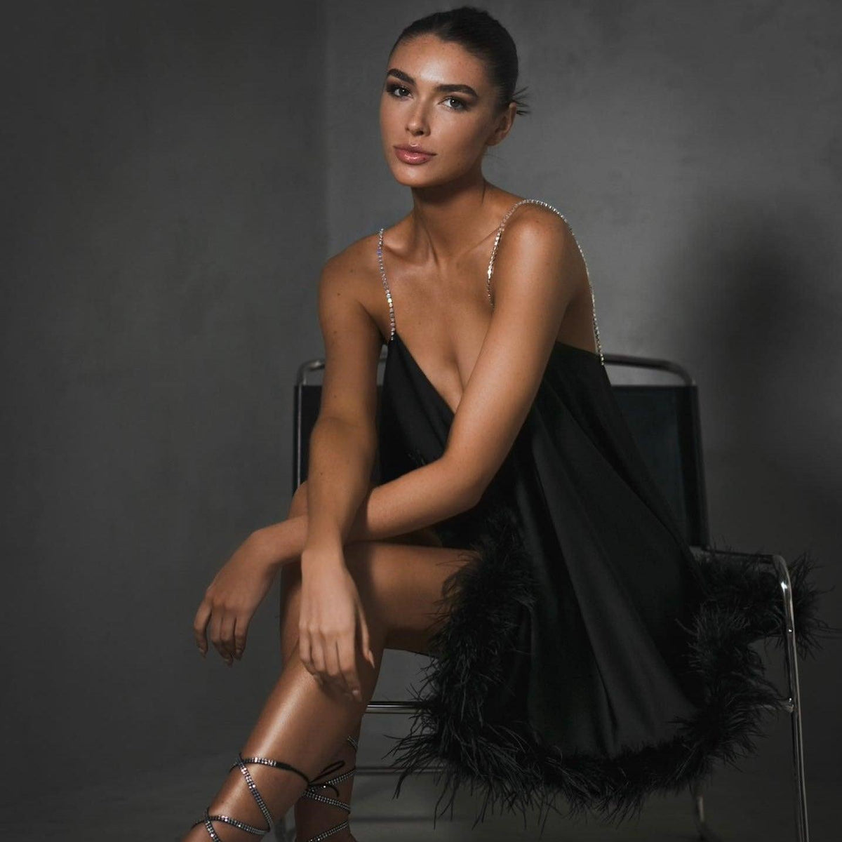 Sweetheart Chain Strap Feather Trim Mini Dress