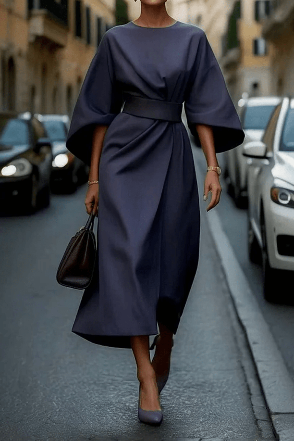 High Neck Butterfly Sleeve Belted Wrap Asymmetric Hem Midi Dress
