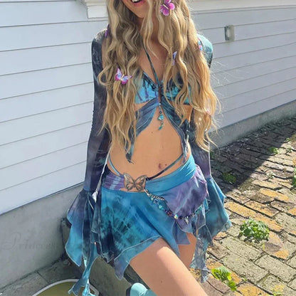 Tie Dye Print Backless Bandage Halter Two Piece Set