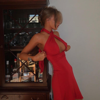 Halter Neck Ruched Bust Satin Mini Dress