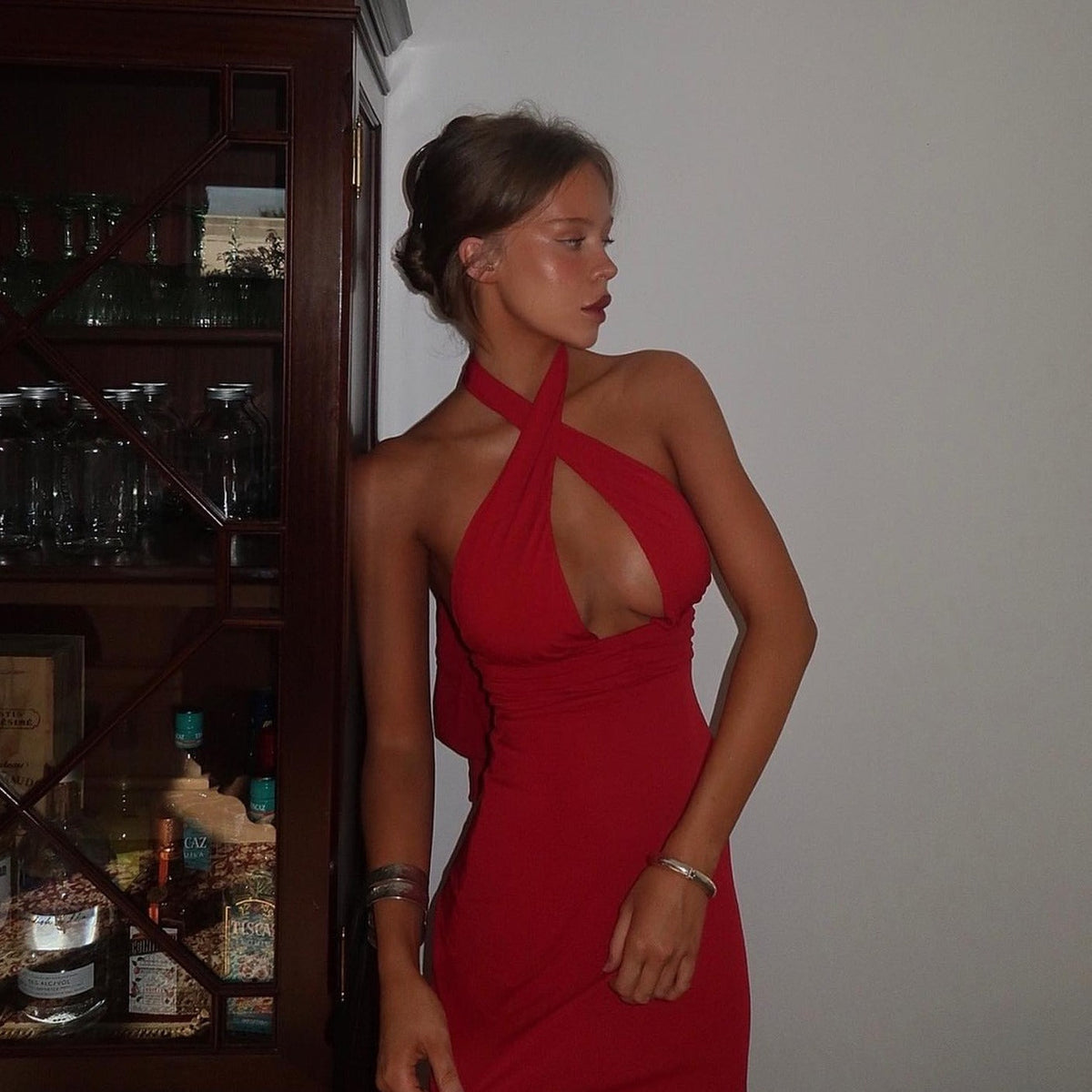 Halter Neck Ruched Bust Satin Mini Dress
