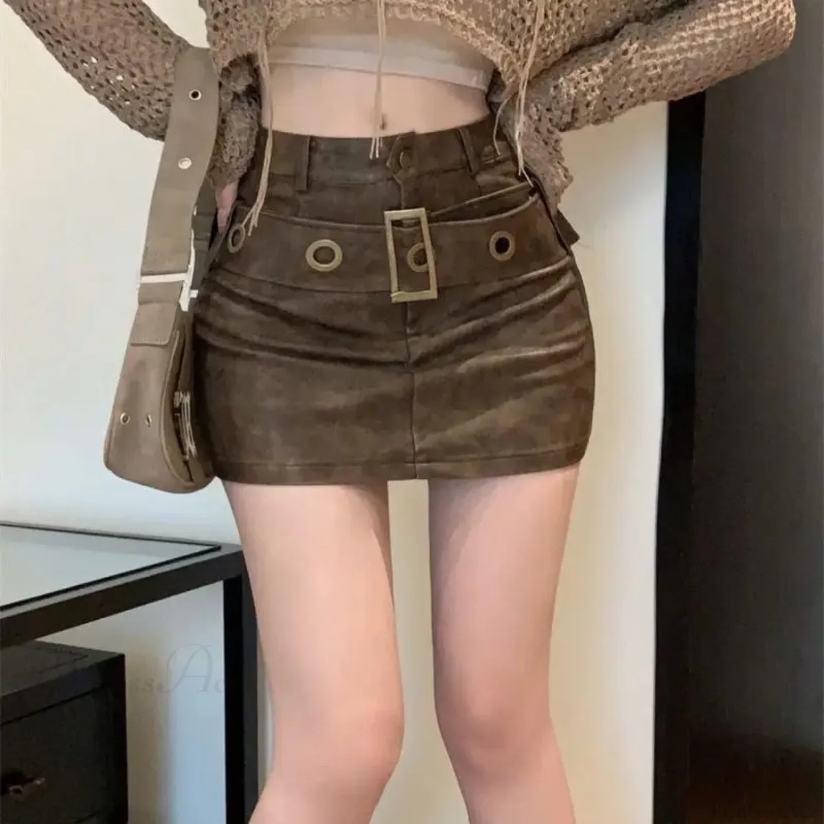 Tight Hip-Wrapped Leather Skirt