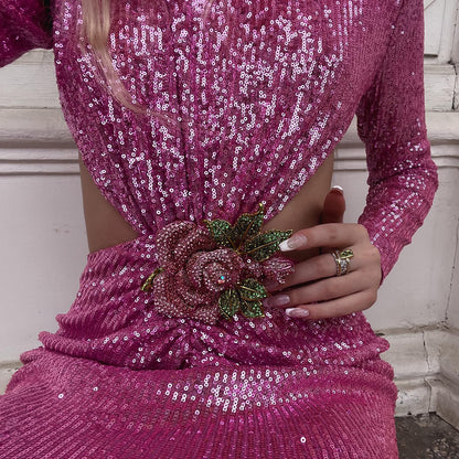 Long Sleeve Cutout Sequin Maxi Dress