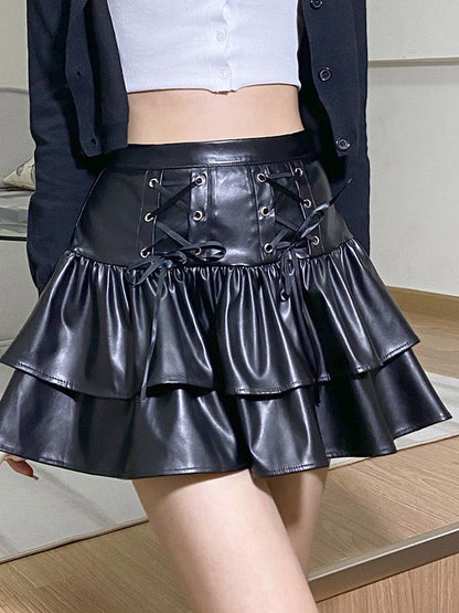 Temperament  Pleated Leather Skirt
