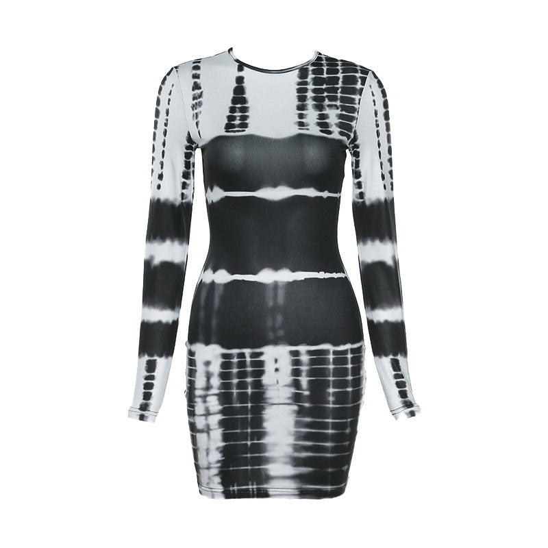 Crew Neck Long Sleeve Horizontal Tie Dye Bodycon Mini Dress