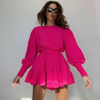 Crew Neck Balloon Sleeve Smocked Waist Ruffle Mini Dress