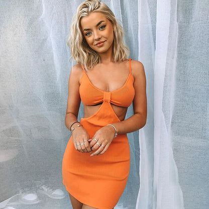 Rib Knit Deep V-Neck Spaghetti Strap Side Waist Cutout Bodycon Mini Dress