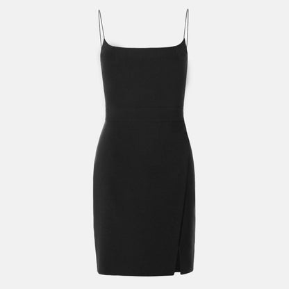 Square Neck Spaghetti Strap Wrap Front Slit Bodycon Mini Dress