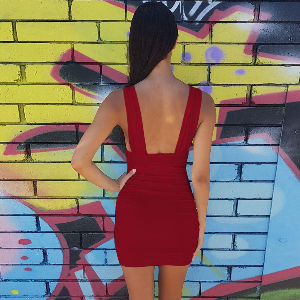 Deep V-Neck Wide Strap Horizontal Ruched Side Cutout Bodycon Mini Dress