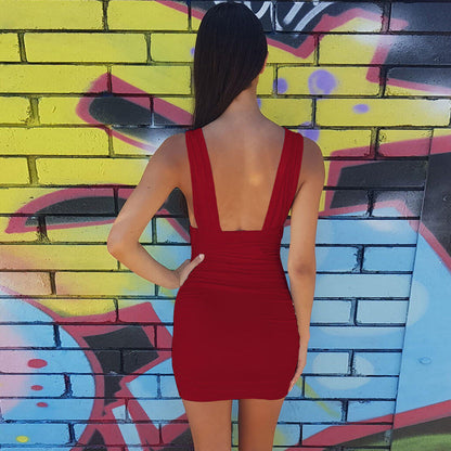 Deep V-Neck Wide Strap Horizontal Ruched Side Cutout Bodycon Mini Dress