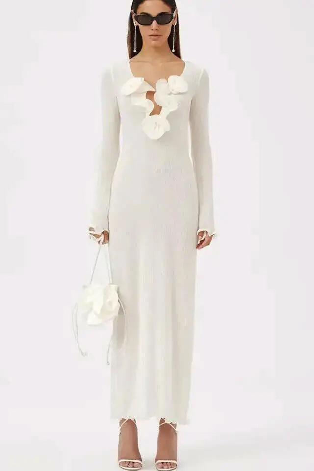 Deep V Neck 3D Floral Applique Ribbed Knit Long Sleeve Maxi Dress