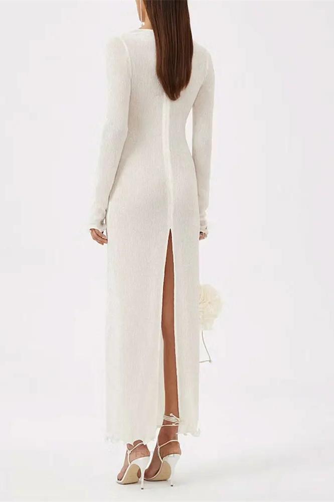 Deep V Neck 3D Floral Applique Ribbed Knit Long Sleeve Maxi Dress