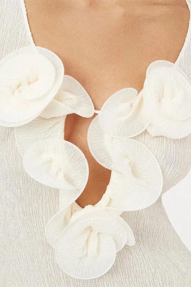 Deep V Neck 3D Floral Applique Ribbed Knit Long Sleeve Maxi Dress