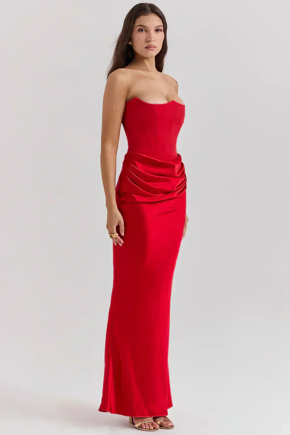 Strapless Pointed Neckline Hip Ruched Column Maxi Gown
