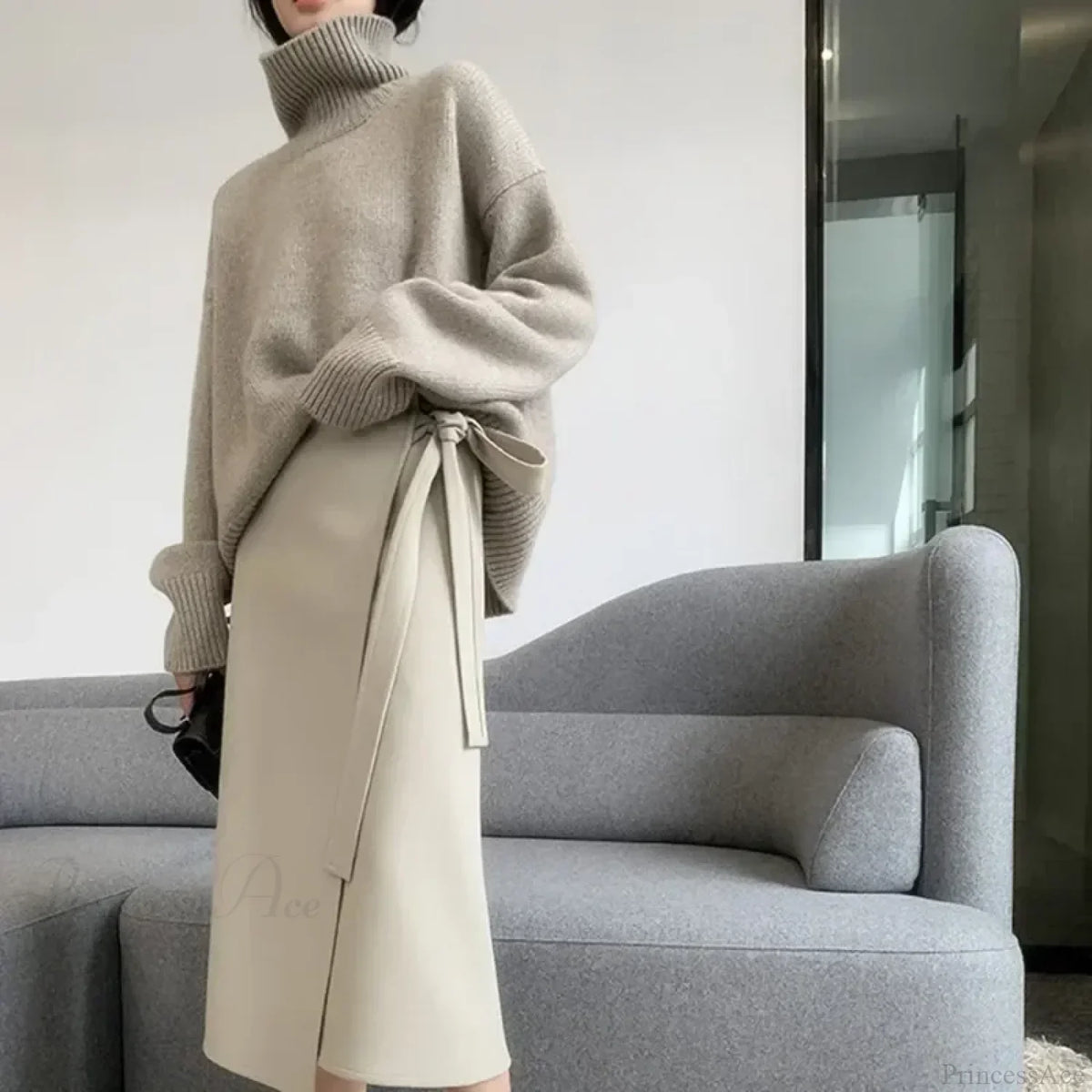 Turtleneck Elegant Gray Red Sweater