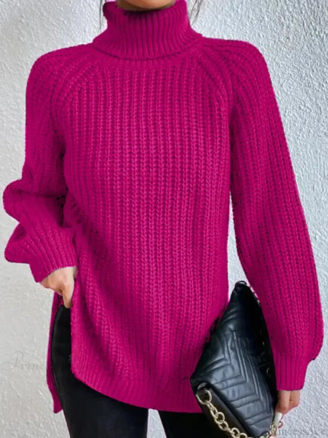 Turtleneck Split Crochet Thick Sweater
