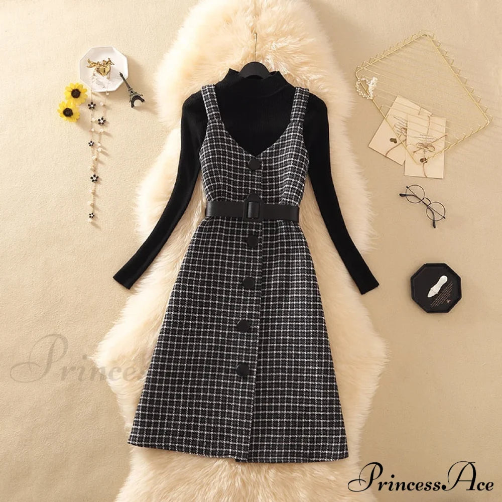 Two Winter Knee-Length vestidos Autumn plus party Women Fashion Elegant wool Piece belt Gown Valentine's for With Dresses size Streetwear Gown Sweater Day
