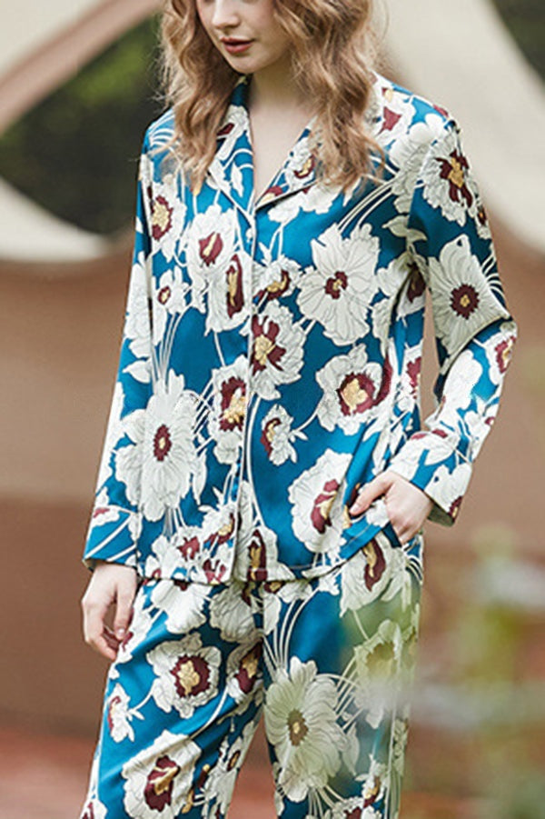 Blue and White Flower Print Home Long-sleeved Two-piece Set