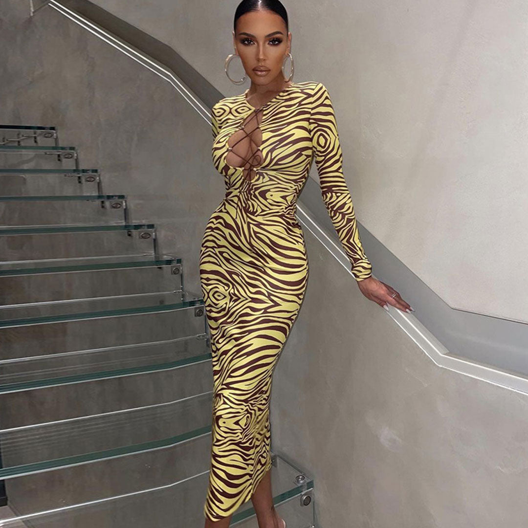 Crew Neck Lace Up Chest Cutout Print Long Sleeve Bodycon Midi Dress