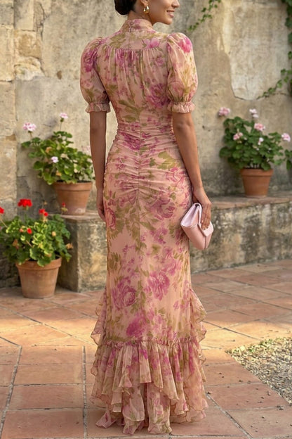 Unique Print Stand Collar Puff Sleeve Slim Fit Ruffle Maxi Dress