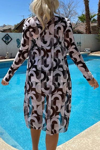 Unique Printed Paneled Lace Up Pleated Three Pieces Swimsuit Set