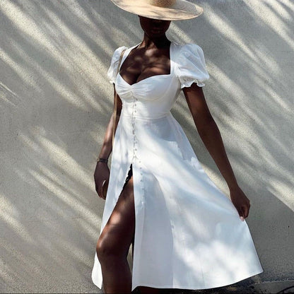 Sweetheart Ruched Puff Sleeve Button Front A Line Midi Dress