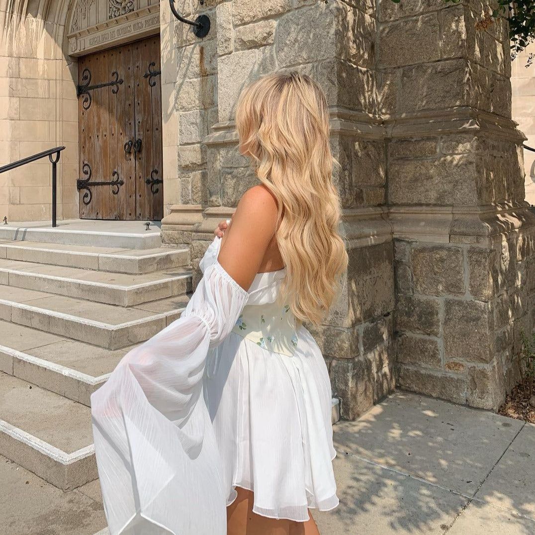 Off Shoulder Bell Sleeve Floral Lace Up Corset Mini Dress