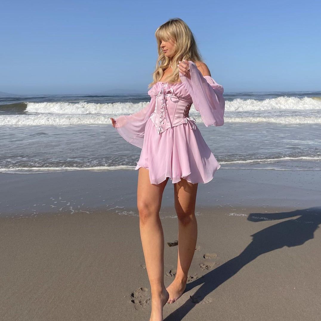 Off Shoulder Floral Lace Up Corset Puff Sleeve Mini Dress