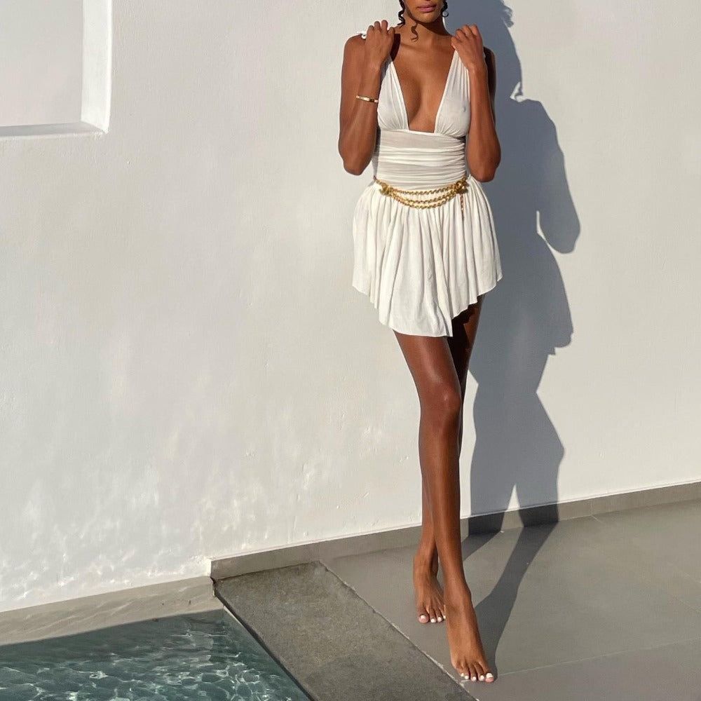 Spaghetti Strap Deep V Ruched Pleated Mini Dress