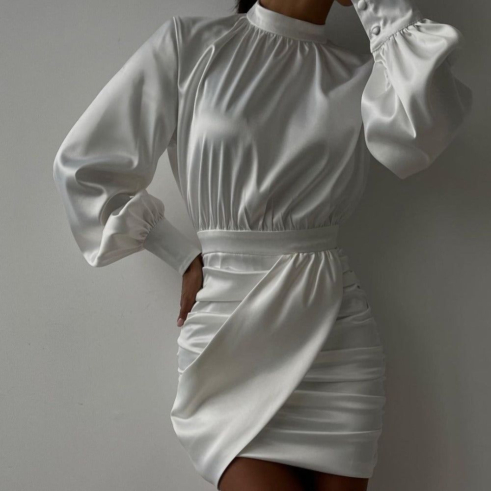 Satin Mock Neck Puff Sleeve Ruched Draped Front Mini Dress