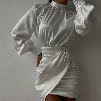 Satin Mock Neck Puff Sleeve Ruched Draped Front Mini Dress