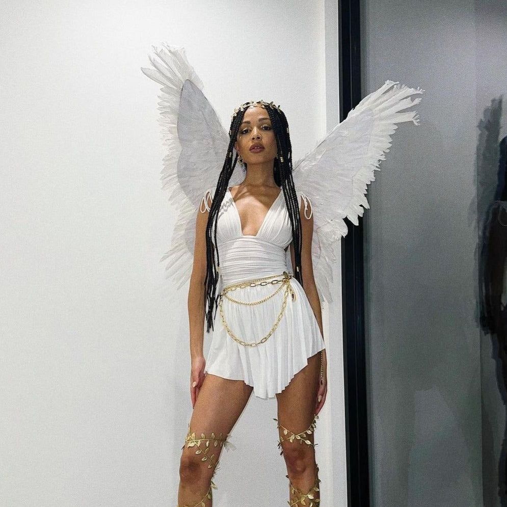 Spaghetti Strap Ruched V Neck Chain Belt Feather Wing Costume Mini Dress