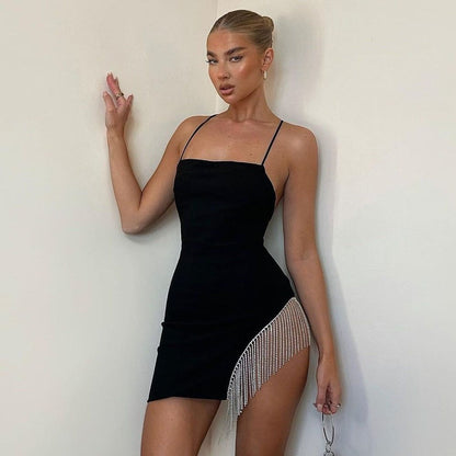 Square Neck Spaghetti Strap Rhinestone Fringe High Slit Mini Dress
