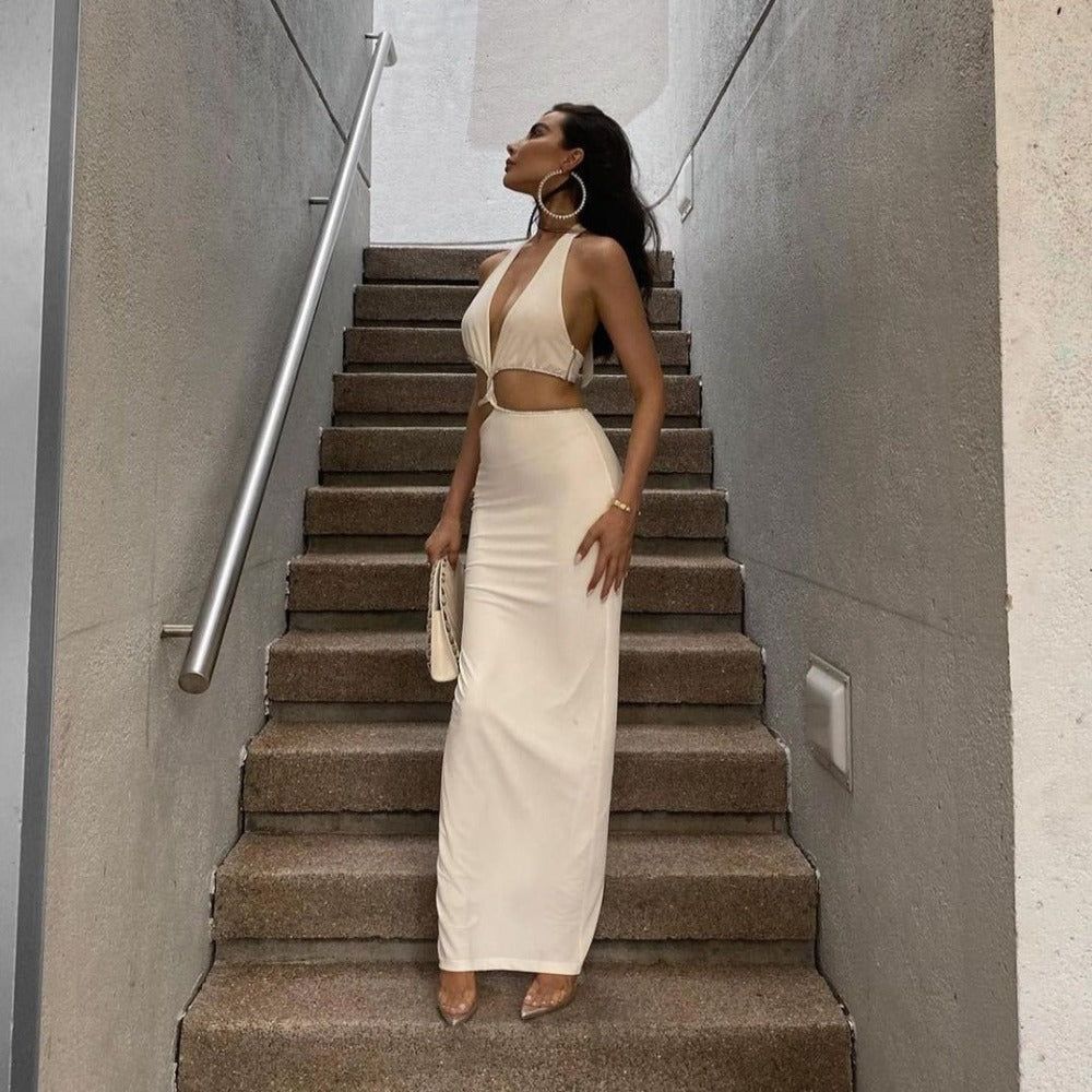 Halter Deep V Rhinestone Trim Side Cutout Column Maxi Dress