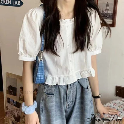 Up Cute Ruffles Women's Waist Button Blouse Clothing High Puff Youth Crop Warm-Season Top White Arm Elegant