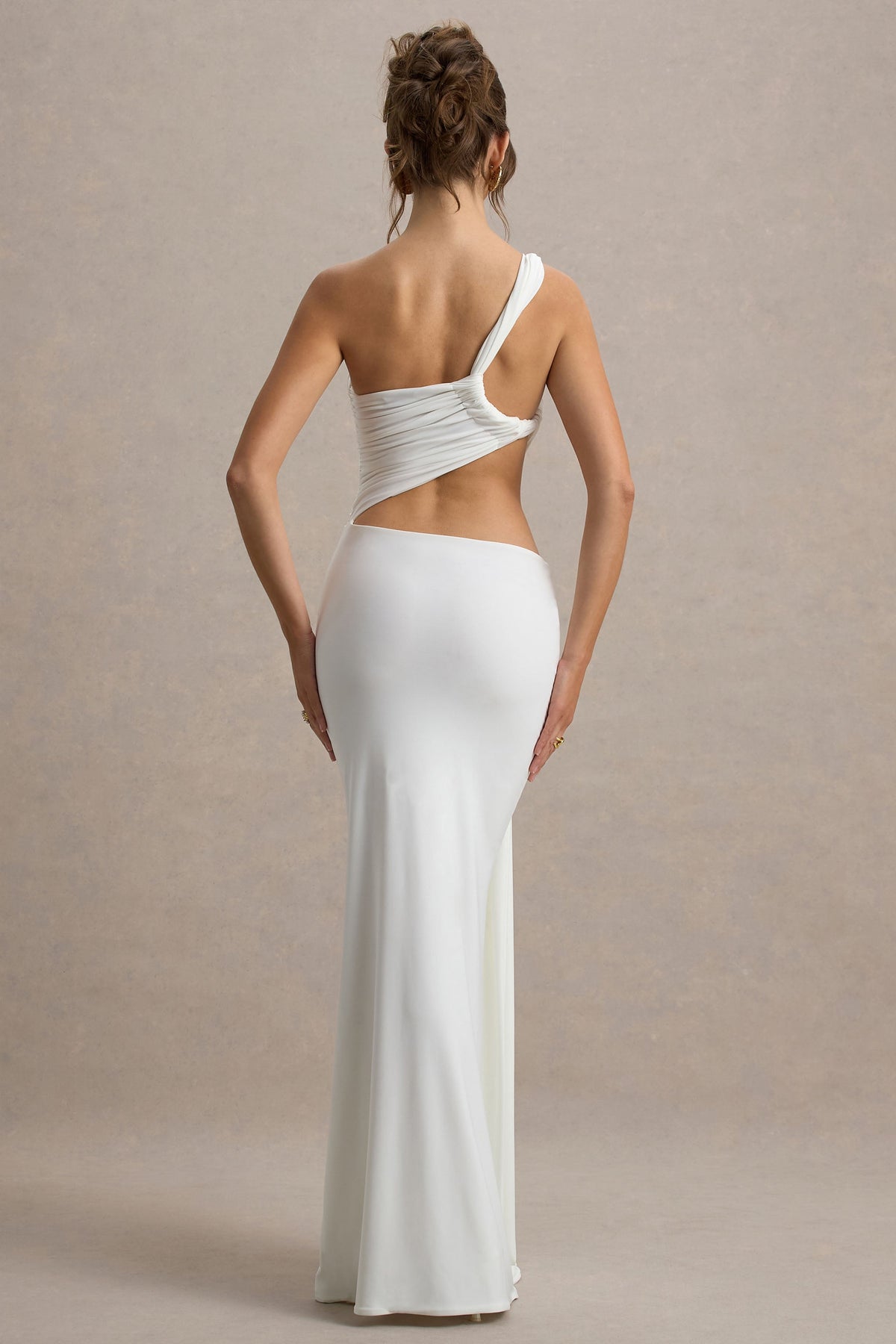 One Shoulder Ruched Side Cutout Hip Twist Drape Train Maxi Gown
