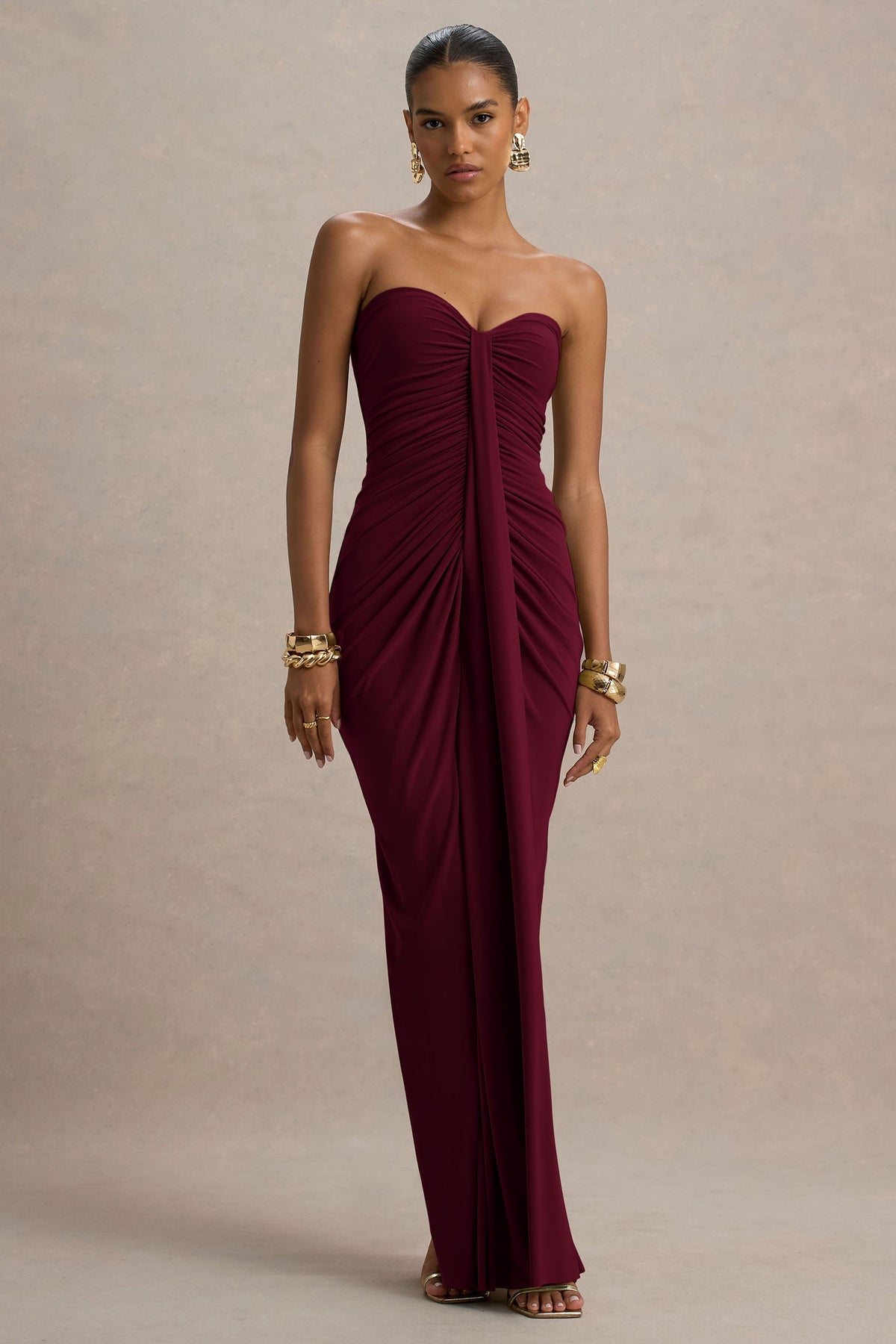 Strapless Sweetheart Ruched Center Drape Column Maxi Dress