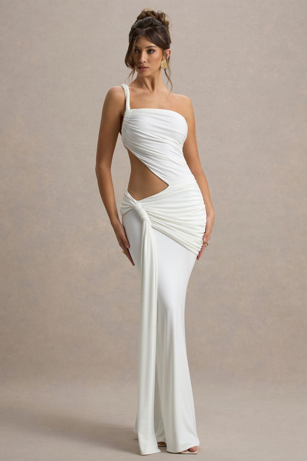 One Shoulder Ruched Side Cutout Hip Twist Drape Train Maxi Gown
