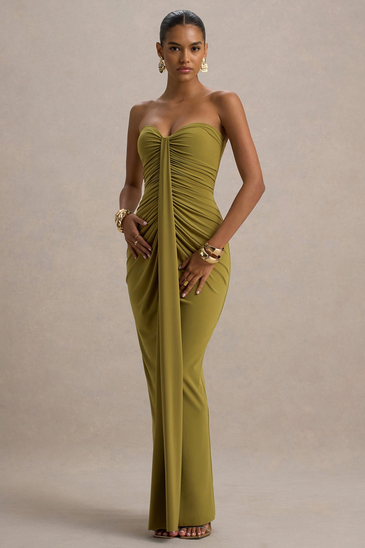 Strapless Sweetheart Ruched Center Drape Column Maxi Dress